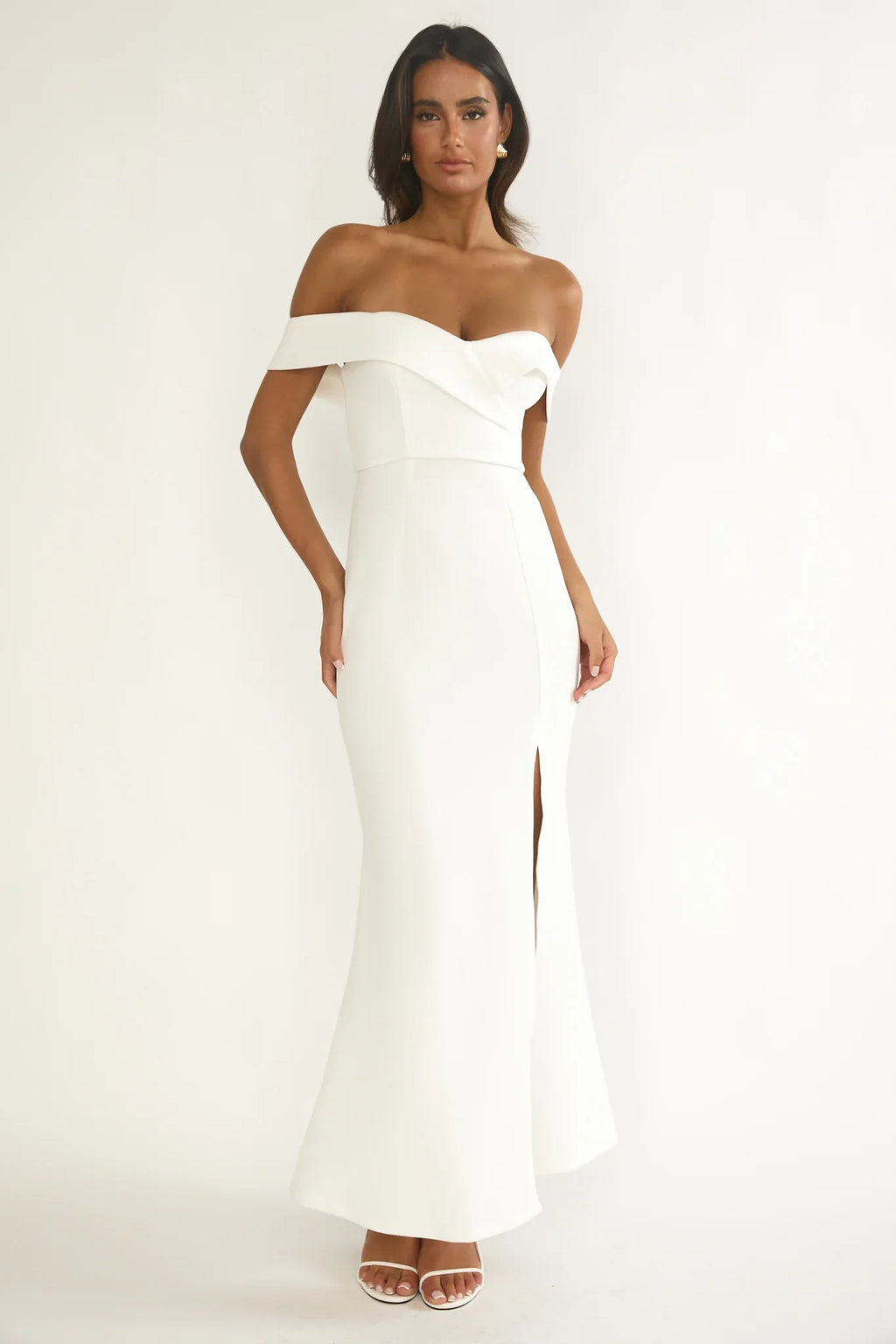 Rider Off-Shoulder Front Split Maxi Dress White