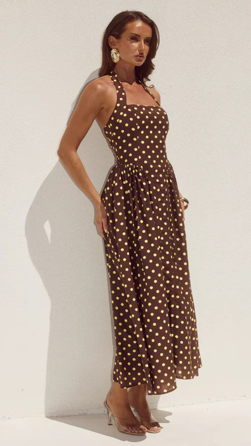 Sammi Halter Midi Dress - Choc/Lemon Polka
