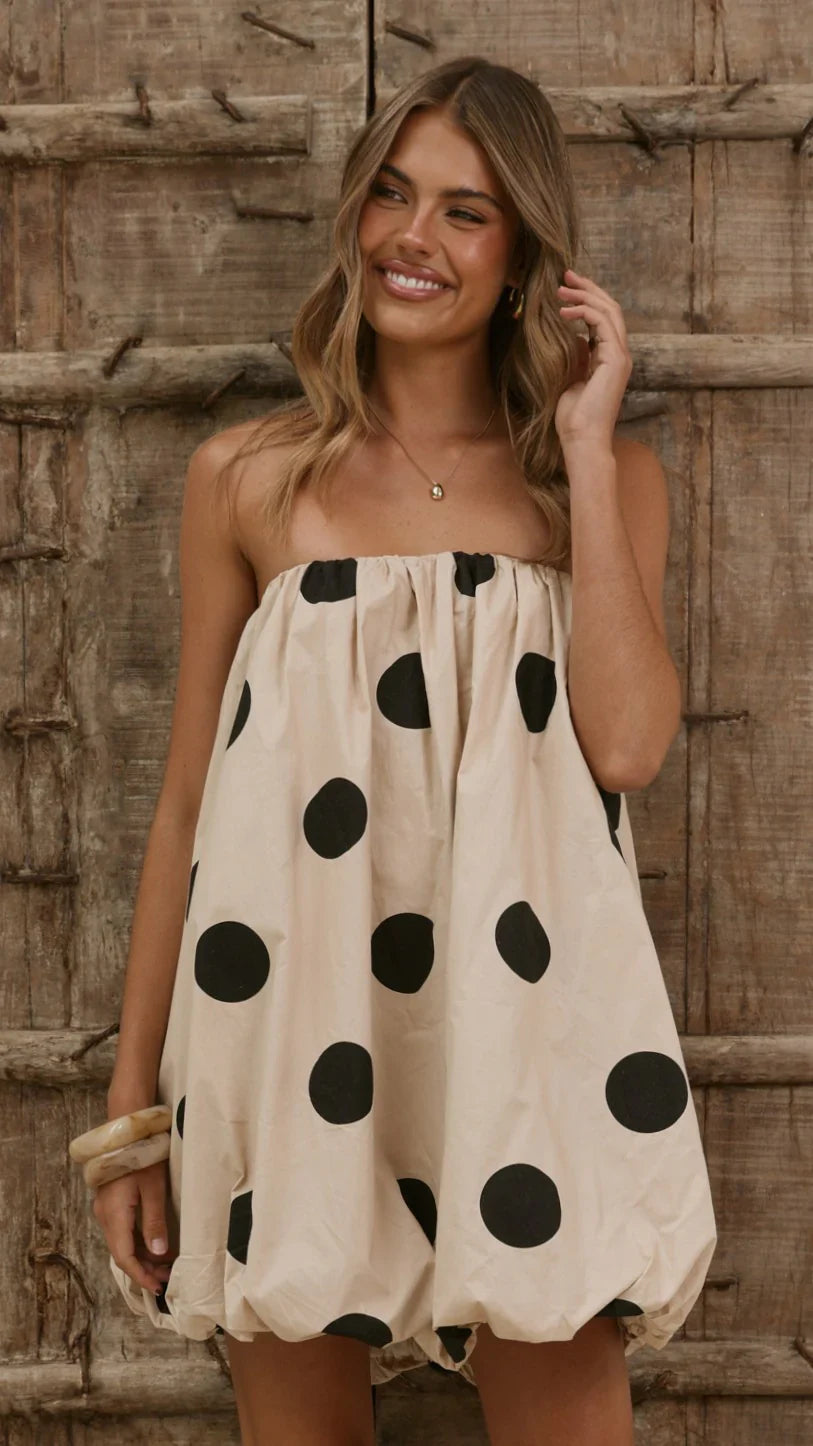 Everly Strapless Mini Dress - Oat/Black Polka