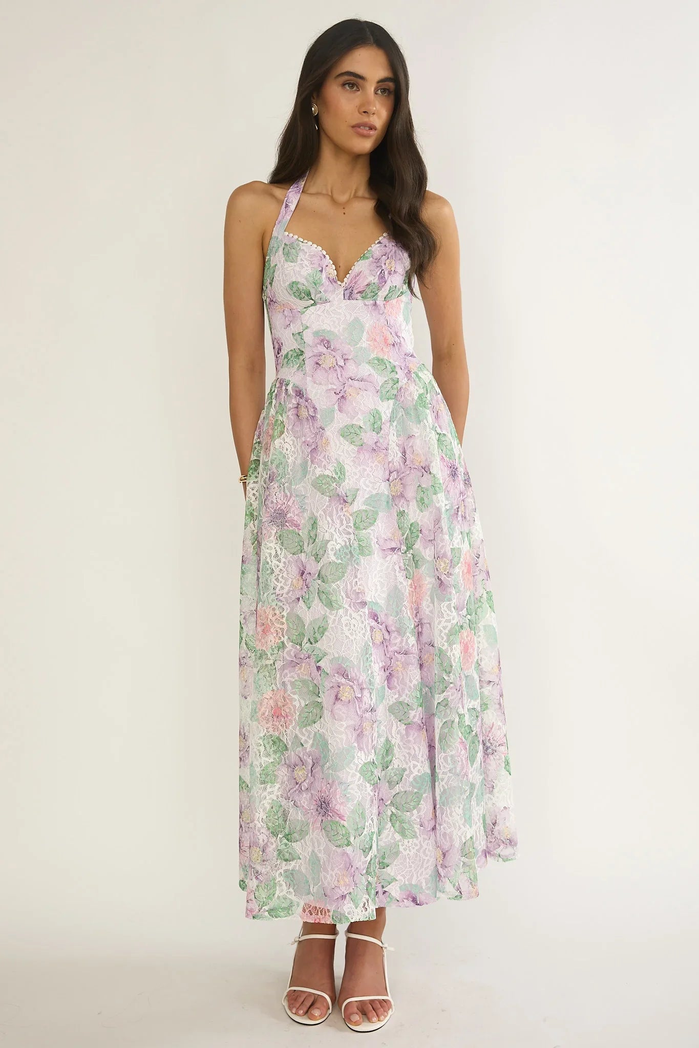 Florent Sweetheart Halterneck Maxi Dress Lace Lilac