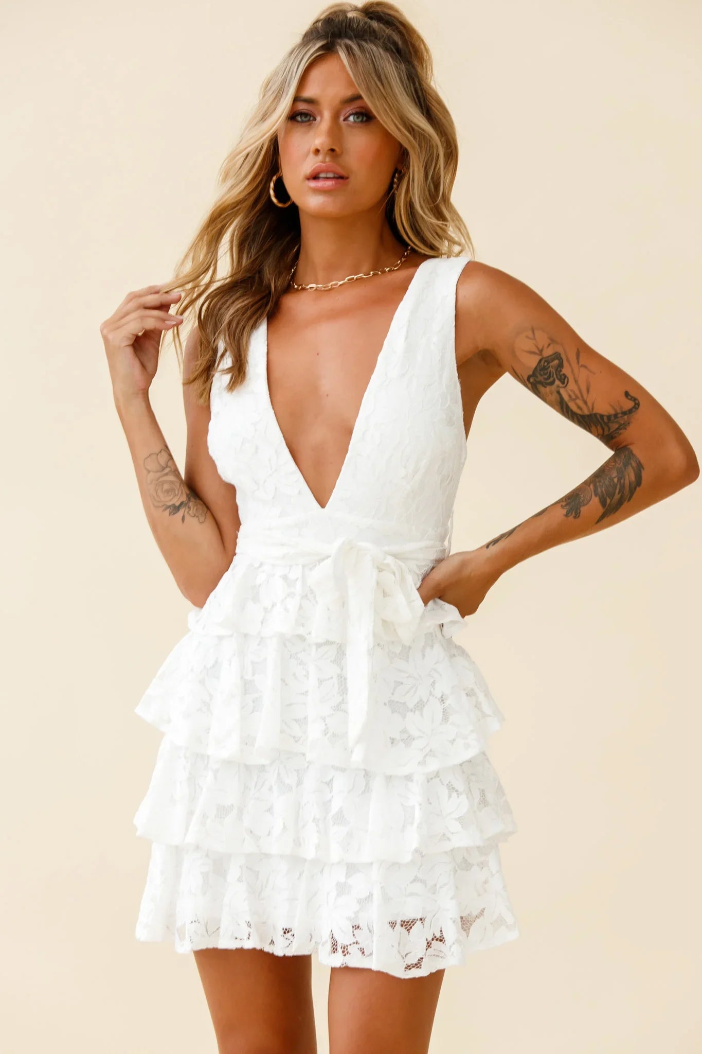 Queensland Tiered Frill Waist Tie Lace Dress White