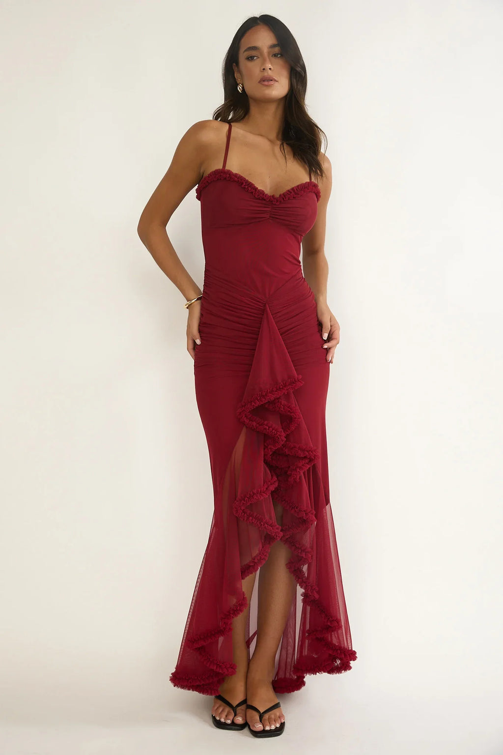 Noelia Gathered Waist Frill Trim Maxi Dress Wine