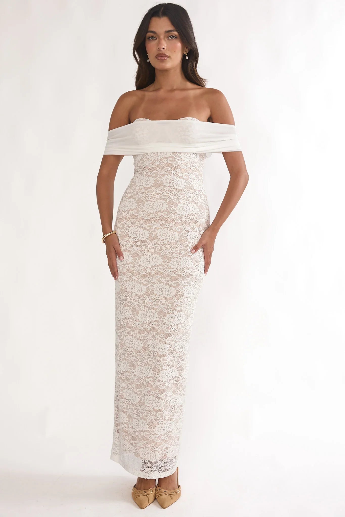 Jewelene Off-Shoulder Maxi Dress Lace White