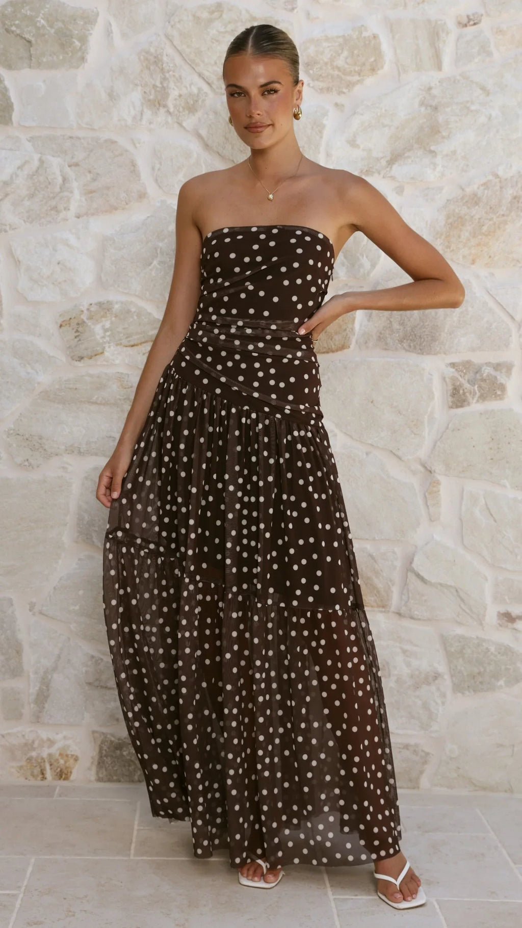 Riko Strapless Maxi Dress - Chocolate Polka