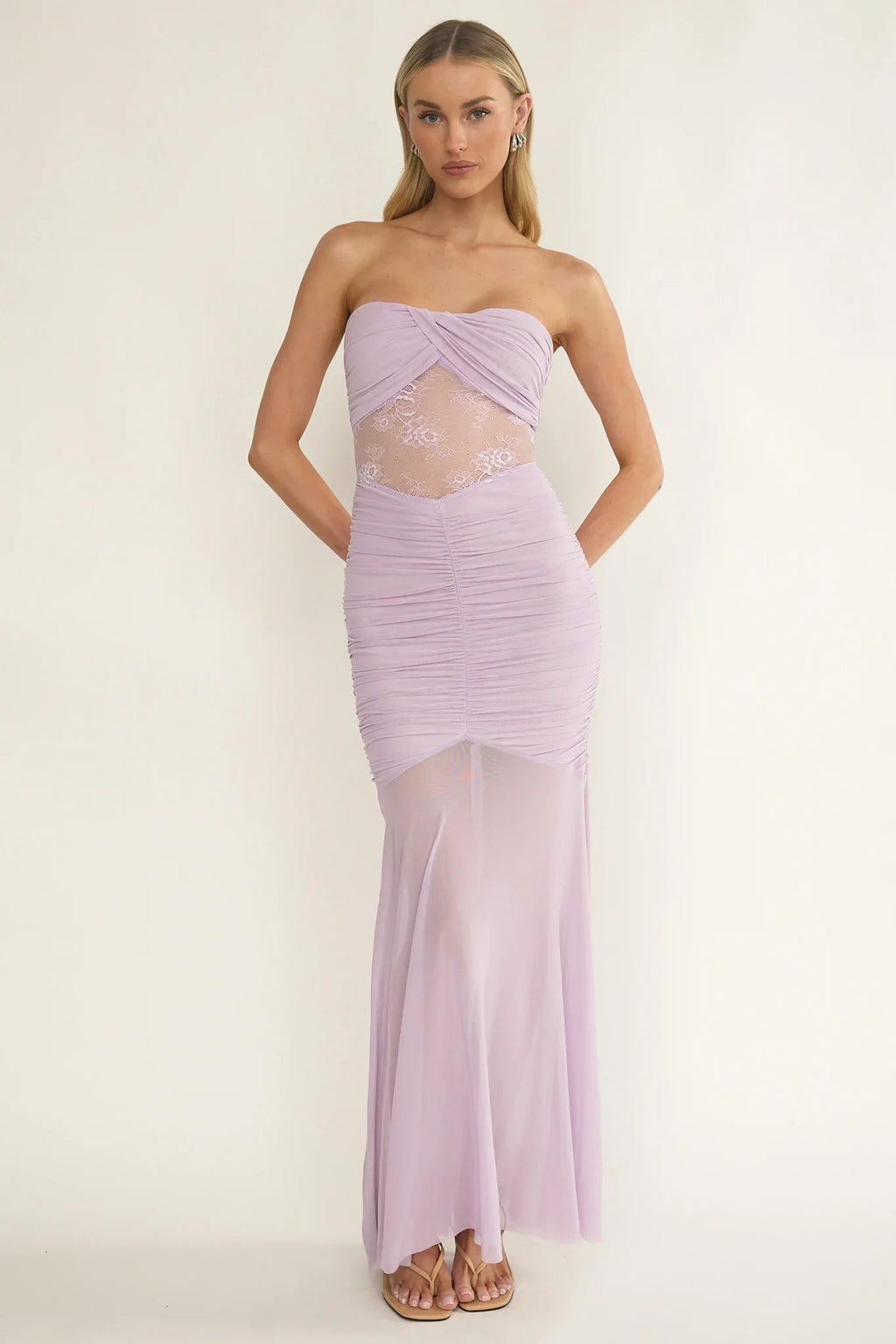 Sade Strapless Sheer Panel Ruched Maxi Dress Lilac