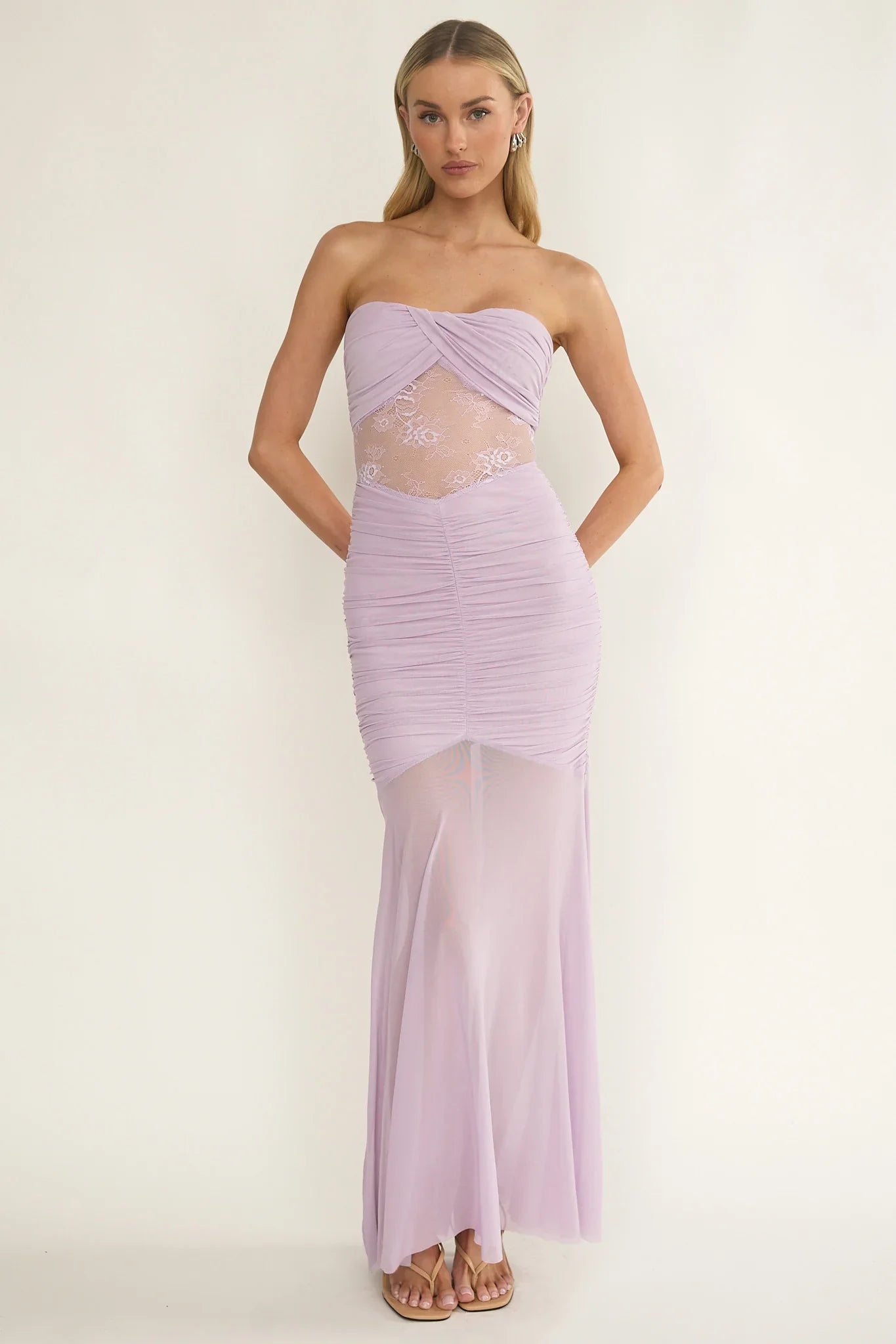 Sade Strapless Sheer Panel Ruched Maxi Dress Lilac