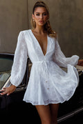 Estelle Long Sleeve V-Neckline Dress Embroidered White
