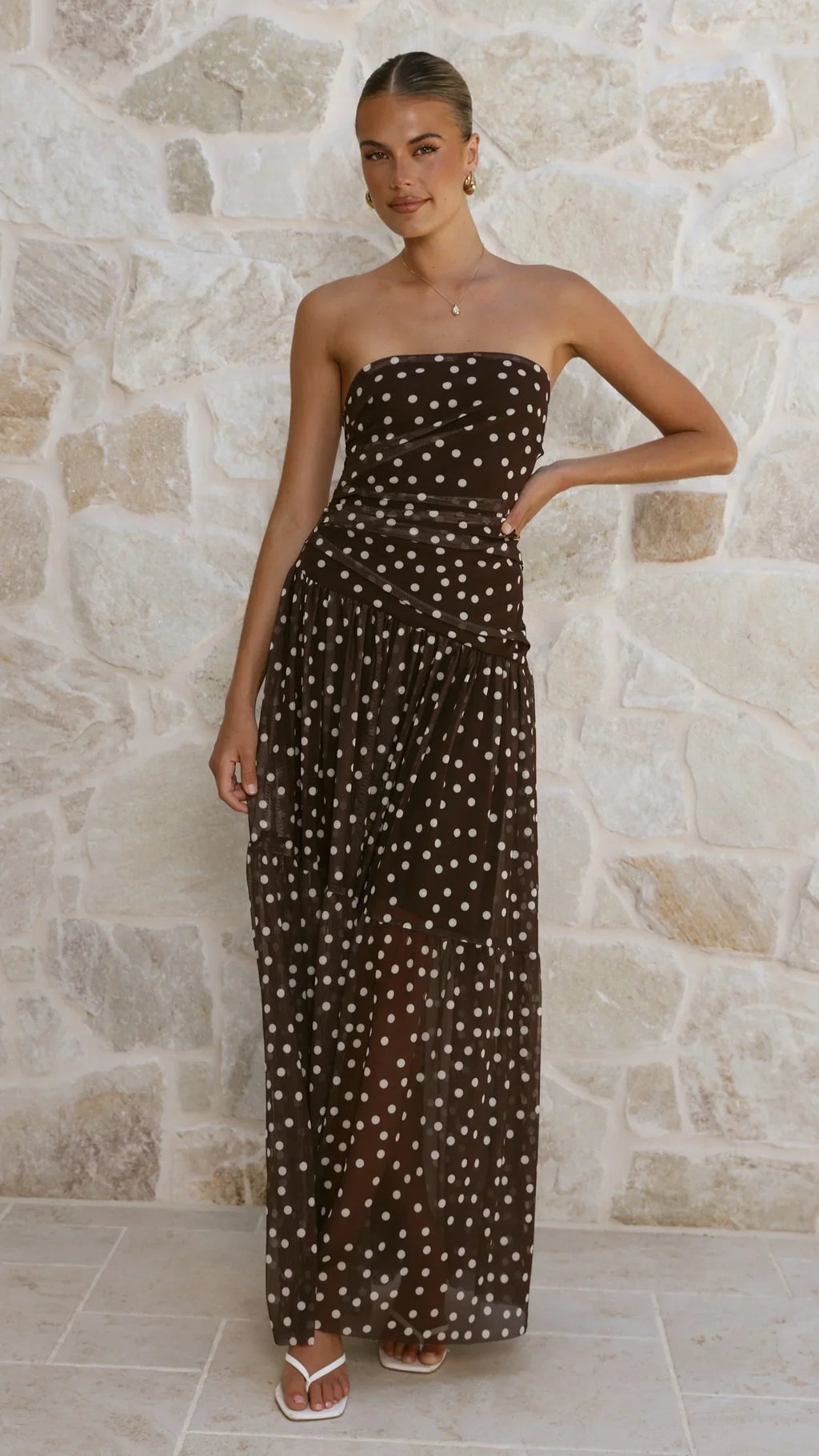 Riko Strapless Maxi Dress - Chocolate Polka