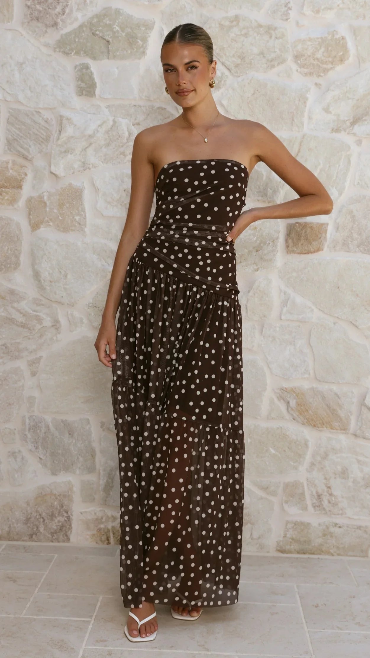 Riko Strapless Maxi Dress - Chocolate Polka