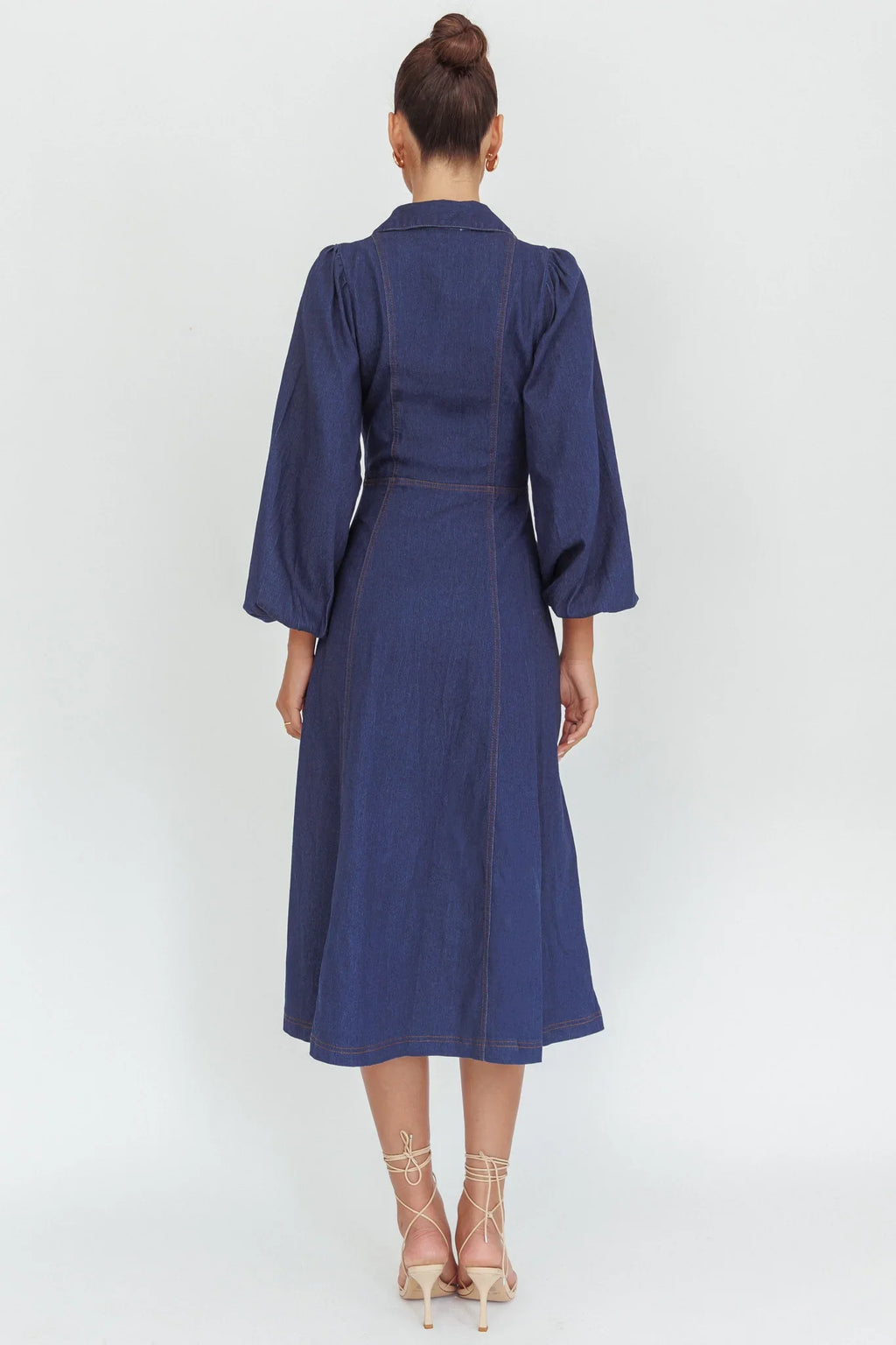 Ania Long Balloon Style Midi Dress Dark Denim