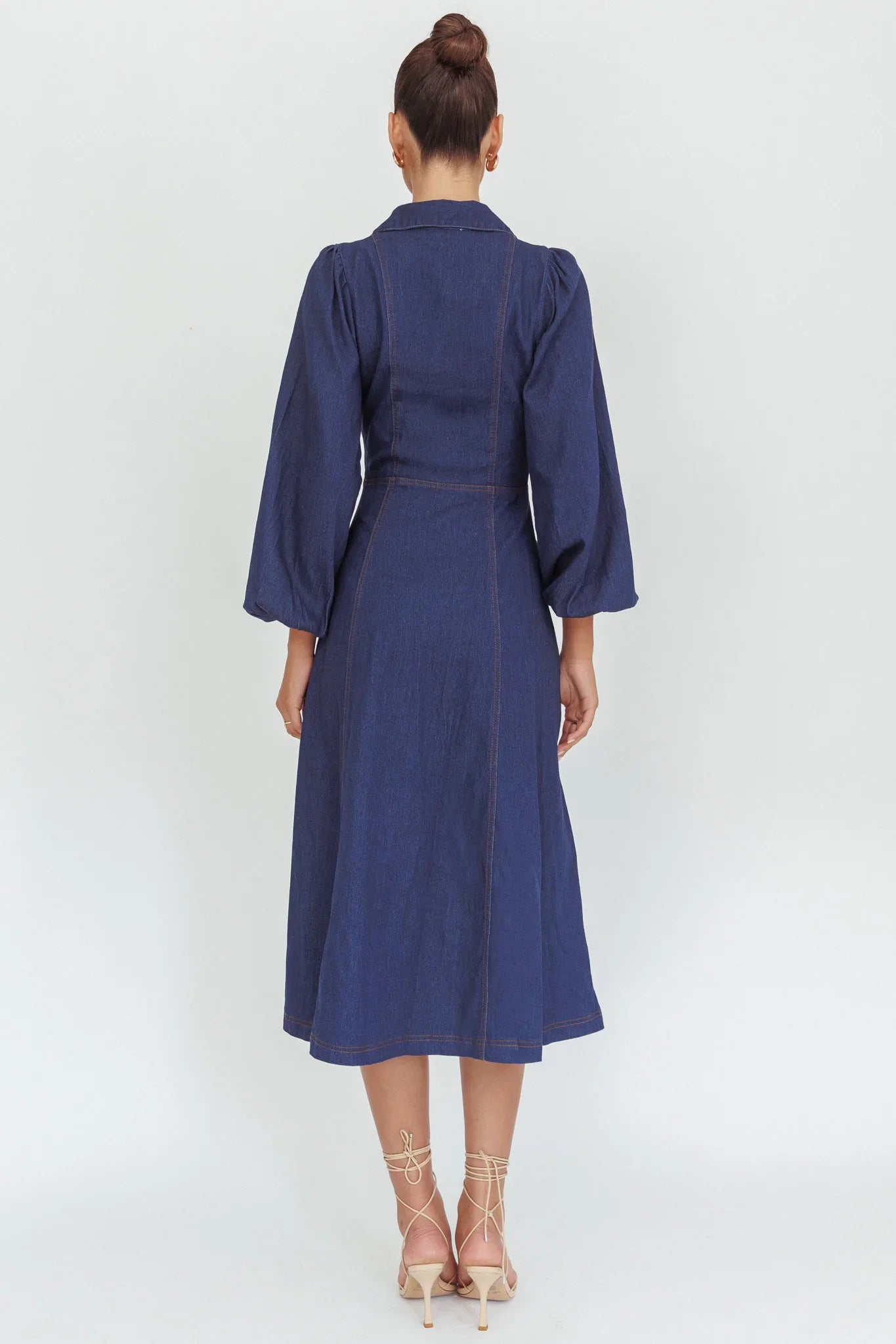 Ania Long Balloon Style Midi Dress Dark Denim