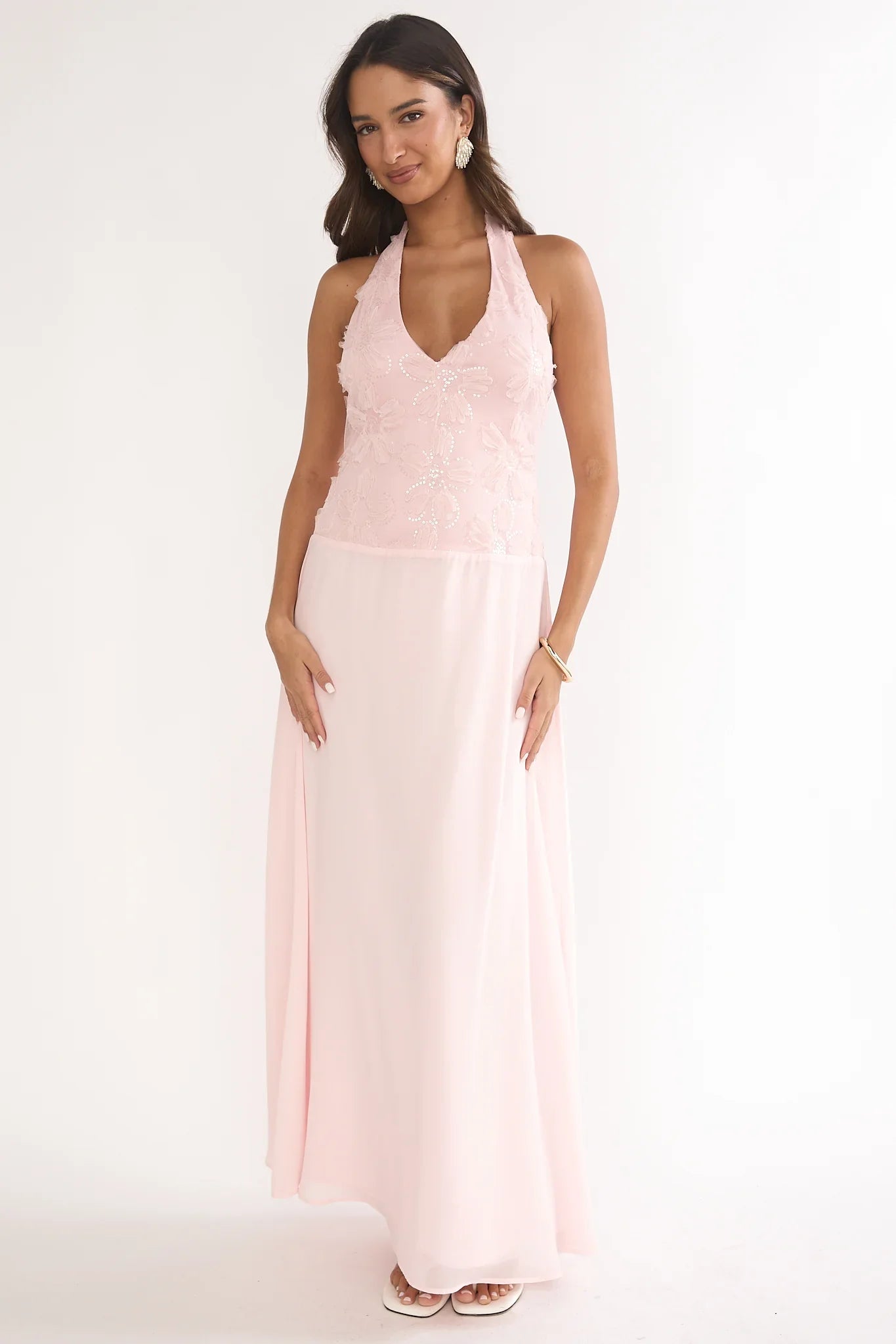 Blushing Belle Embellished Halter Maxi Dress Blush