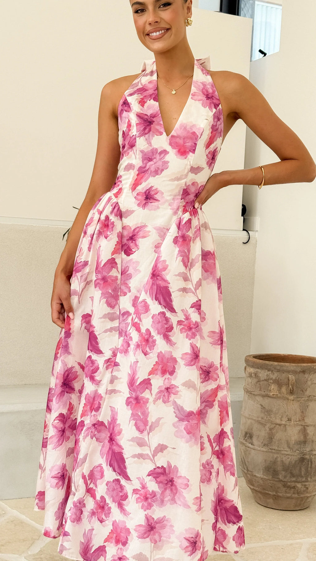 Bryony Halter Neck Maxi Dress - Pink Floral