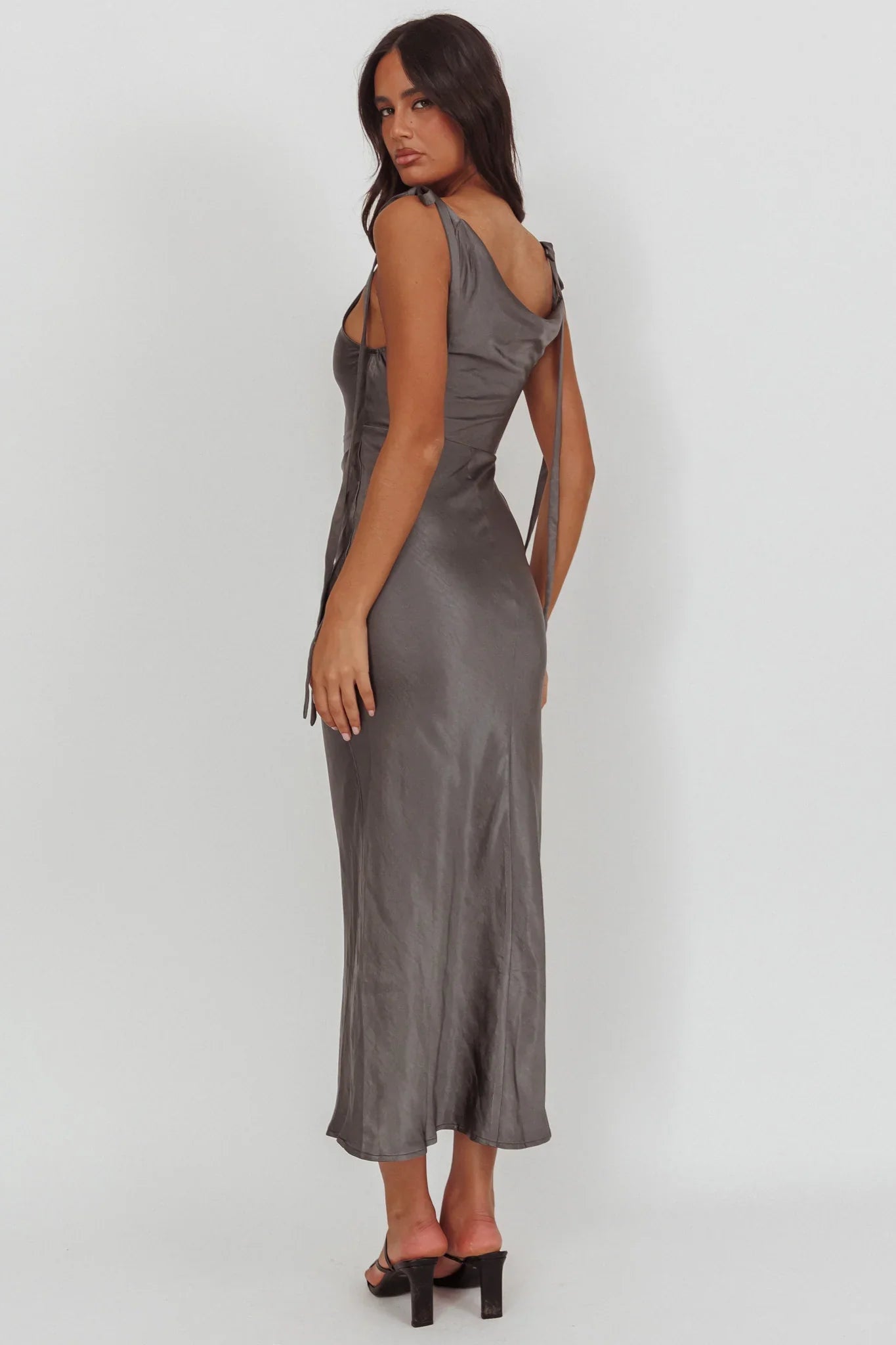 Glory Day Tied Shoulder Cowl Maxi Dress Charcoal