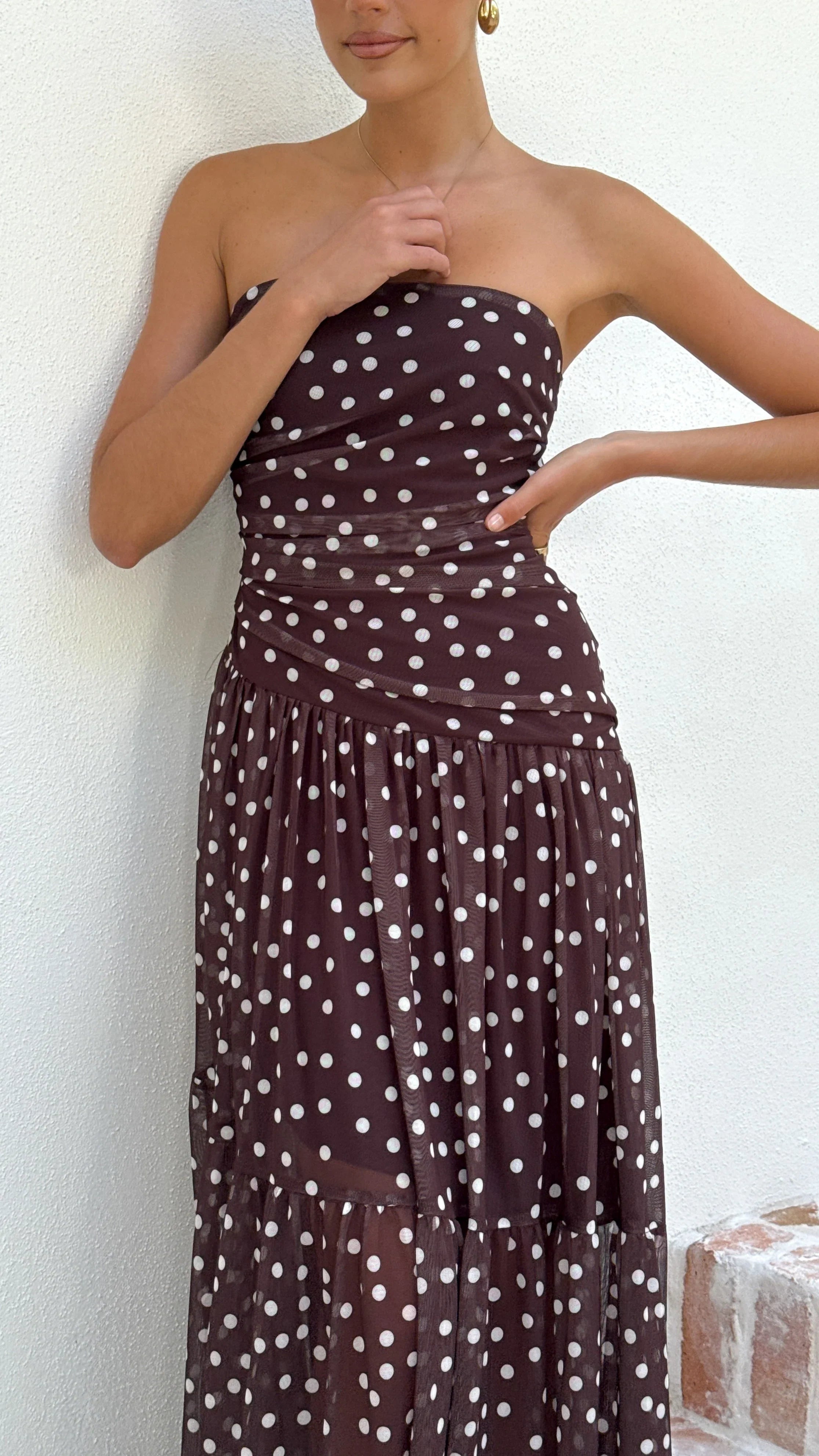 Riko Strapless Maxi Dress - Chocolate Polka