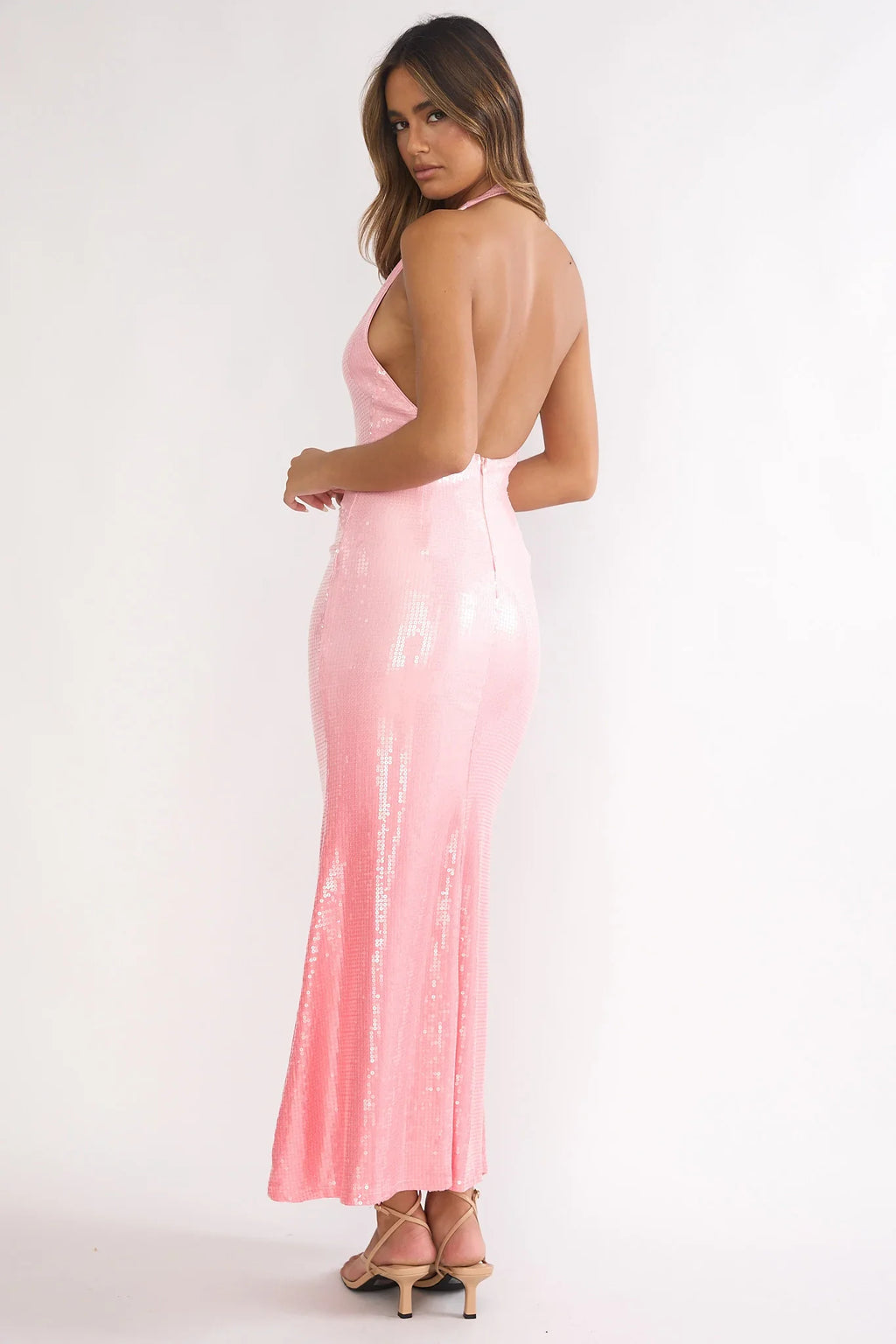 Koral Halter Sequin Maxi Dress Gradient Pink