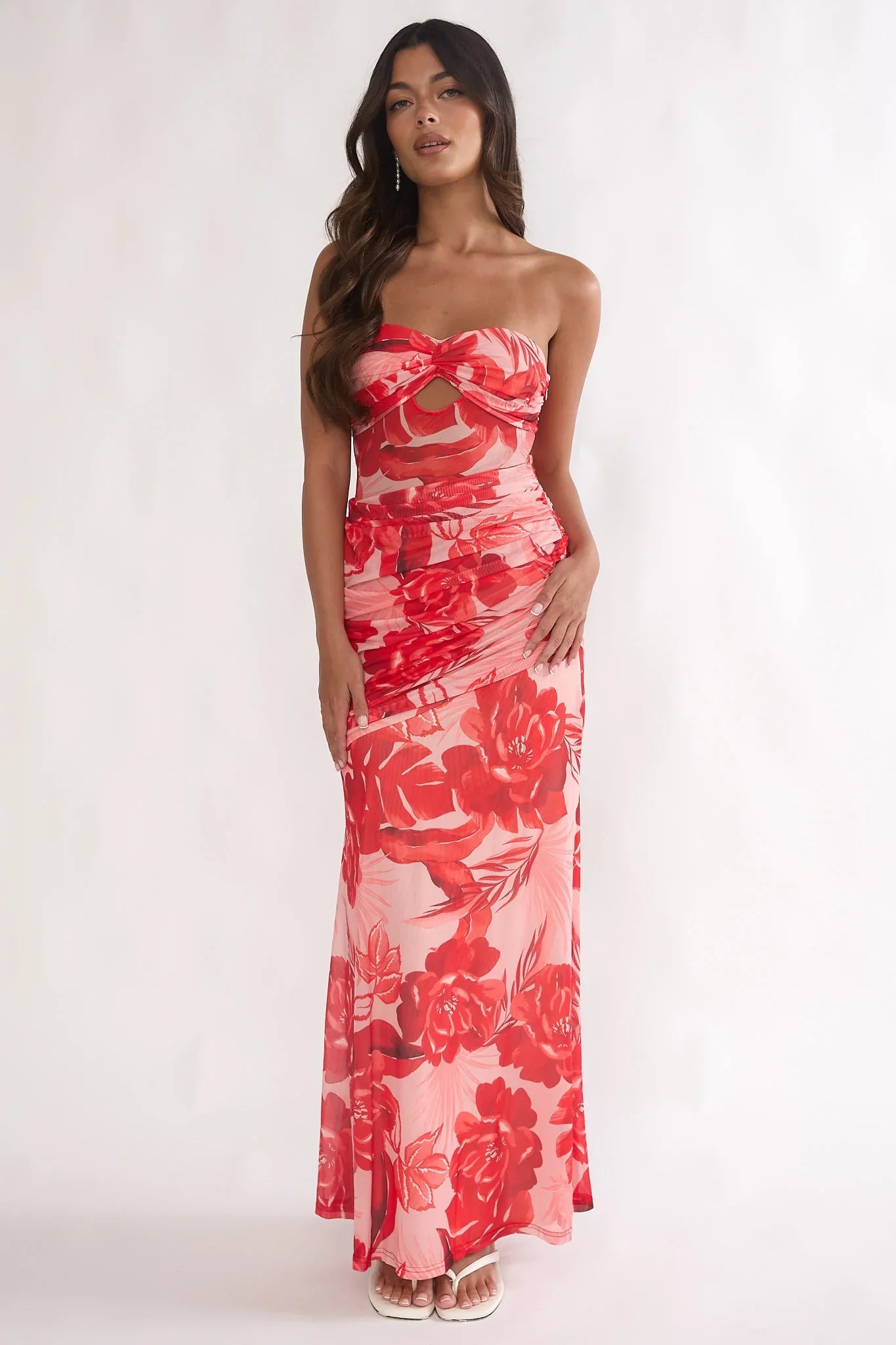 Kallira Strapless Ruched Maxi Dress Floral Red