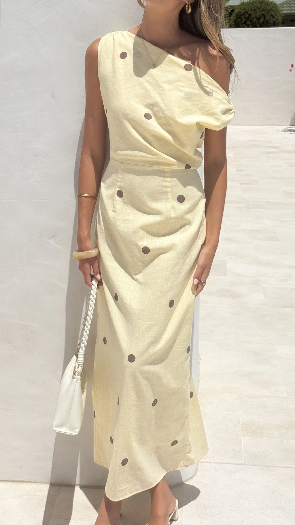 Luci Off Shoulder Maxi Dress - Yellow/Chocolate Polka