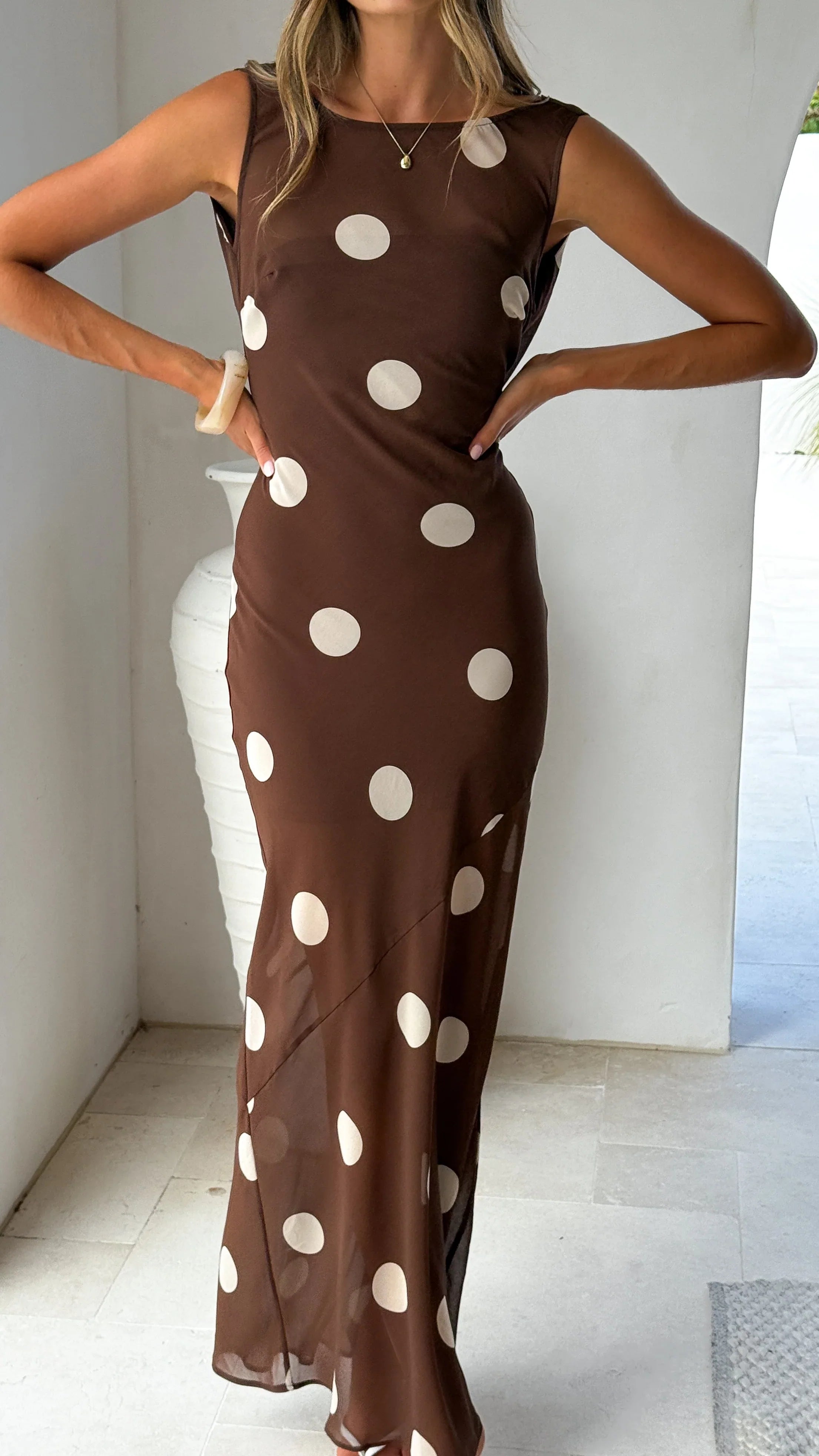 Beverly Maxi Dress - Chocolate/Cream Polka Dot