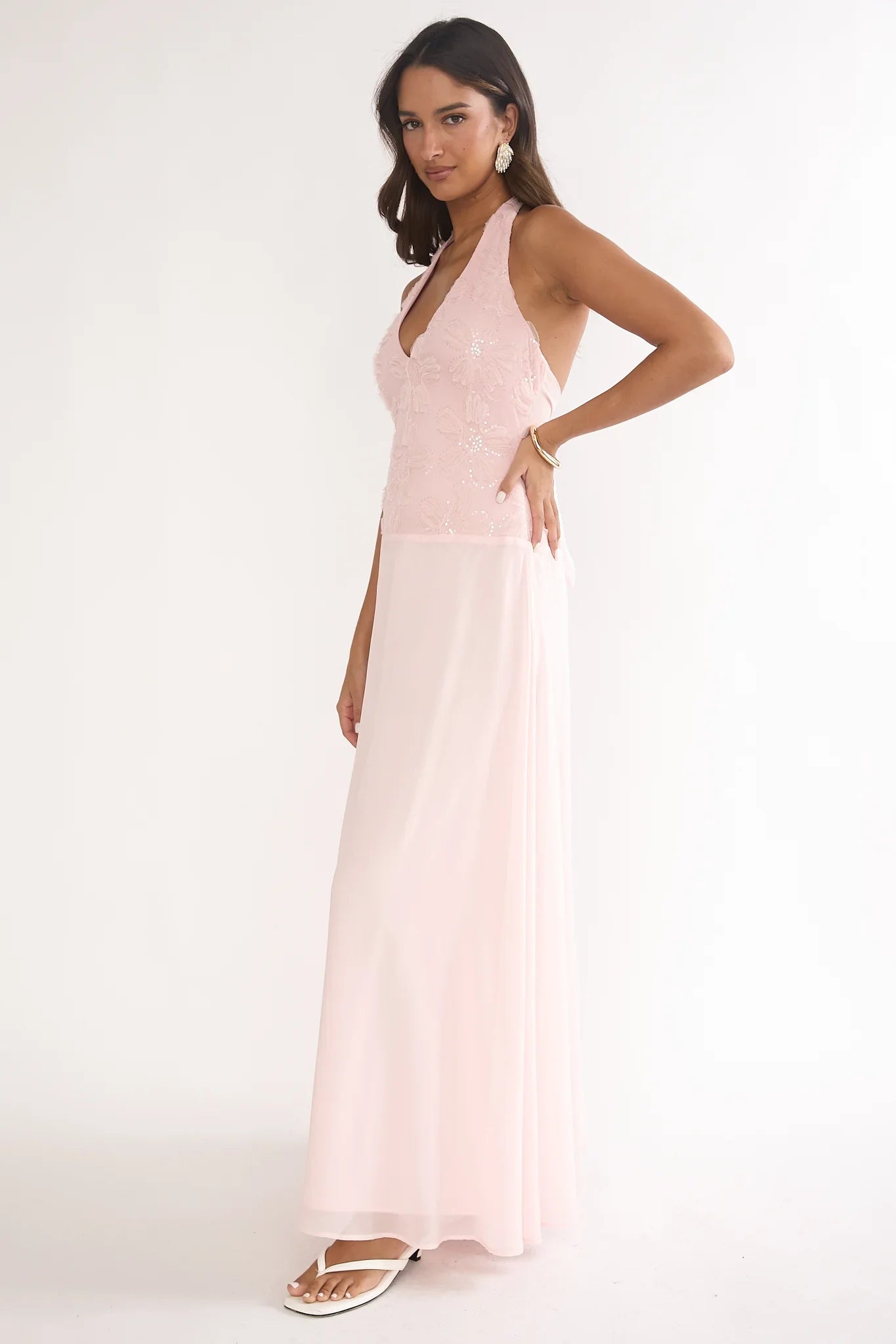 Blushing Belle Embellished Halter Maxi Dress Blush