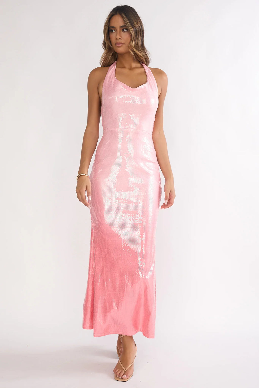 Koral Halter Sequin Maxi Dress Gradient Pink