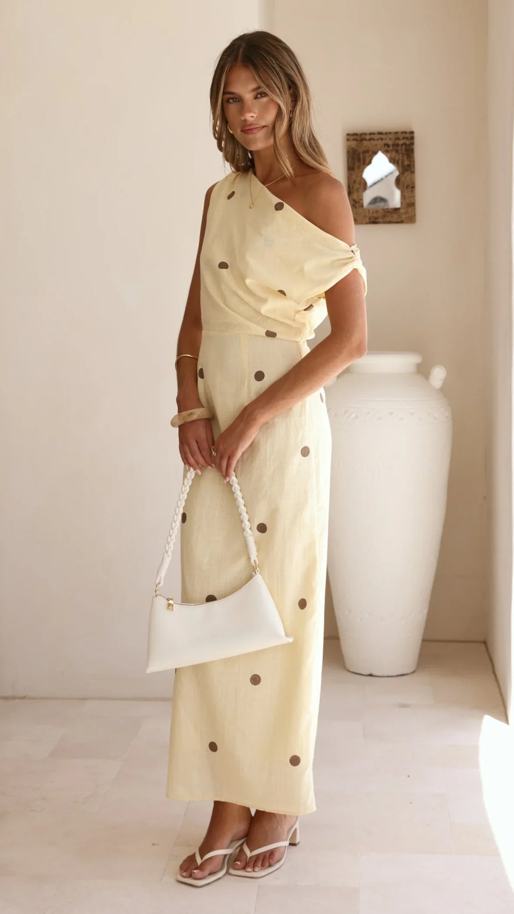 Luci Off Shoulder Maxi Dress - Yellow/Chocolate Polka
