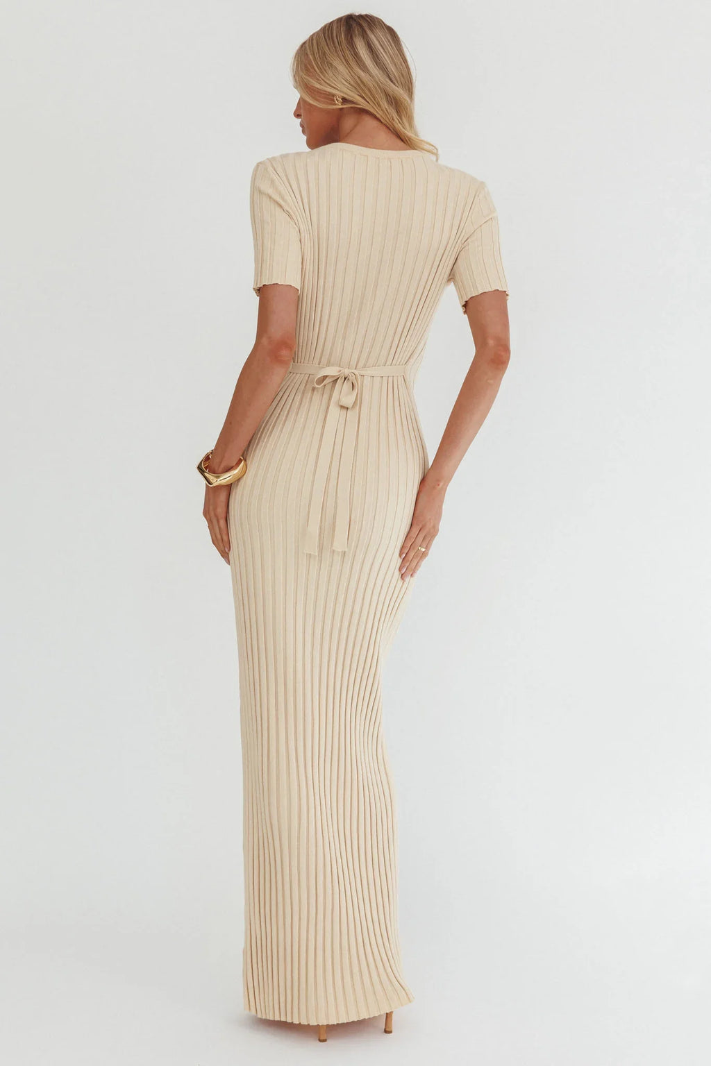 Faylen Waist Tie Ribbed Knit Maxi Dress Cream