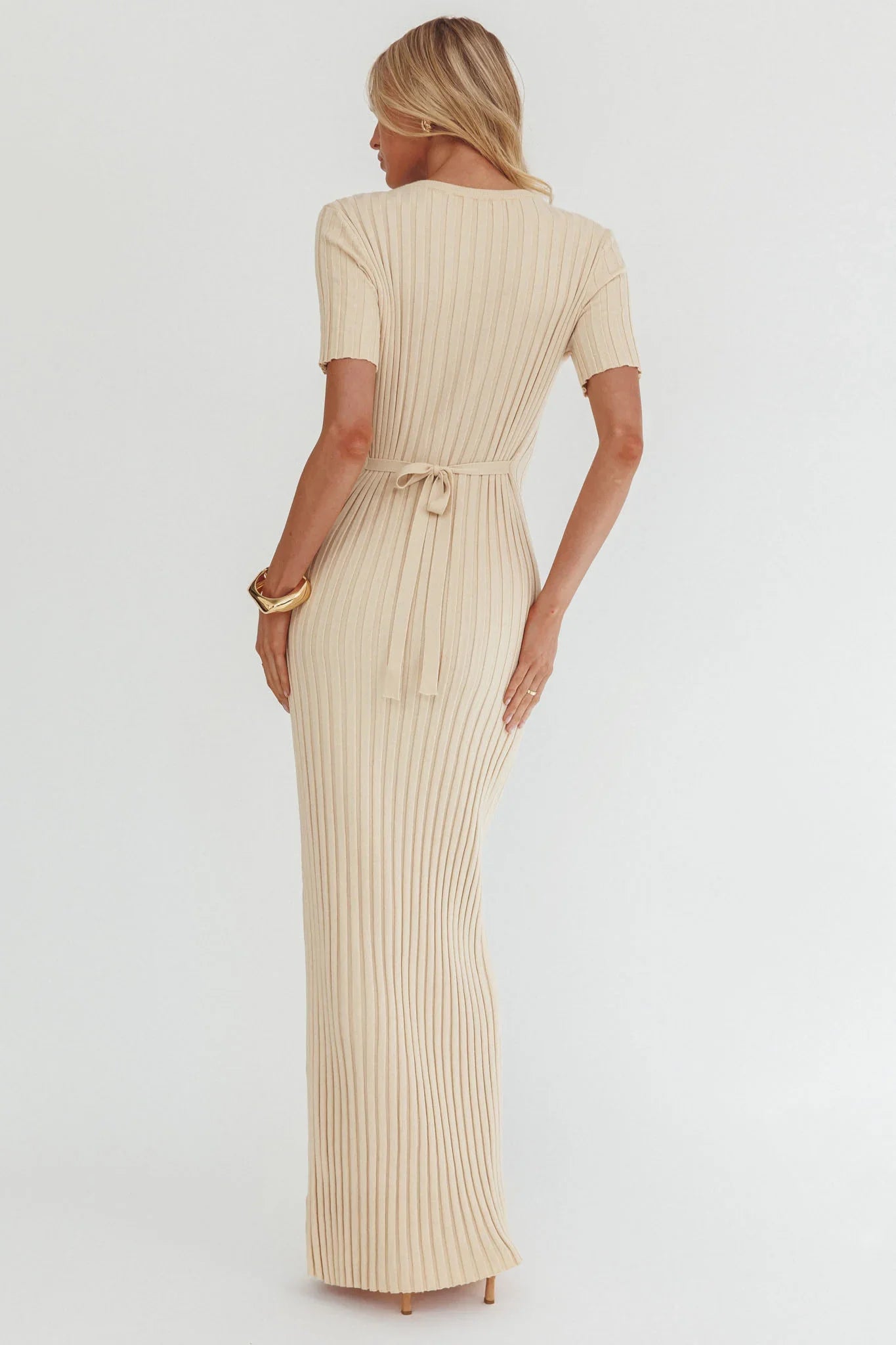 Faylen Waist Tie Ribbed Knit Maxi Dress Cream