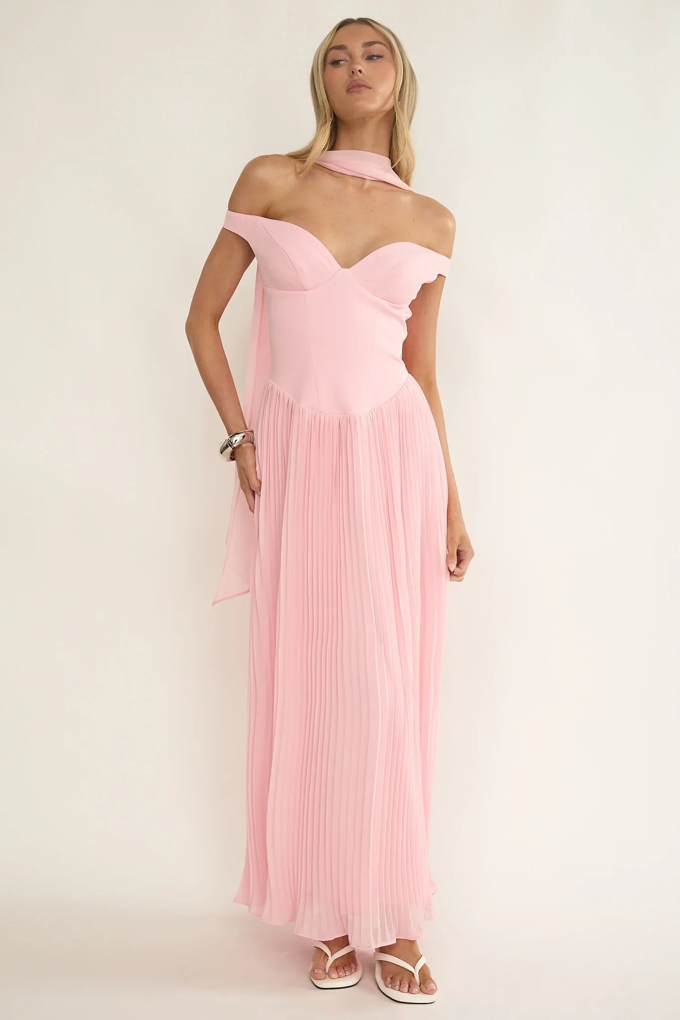 Quinnae Off-Shoulder Accordion Pleat Maxi Dress Pink