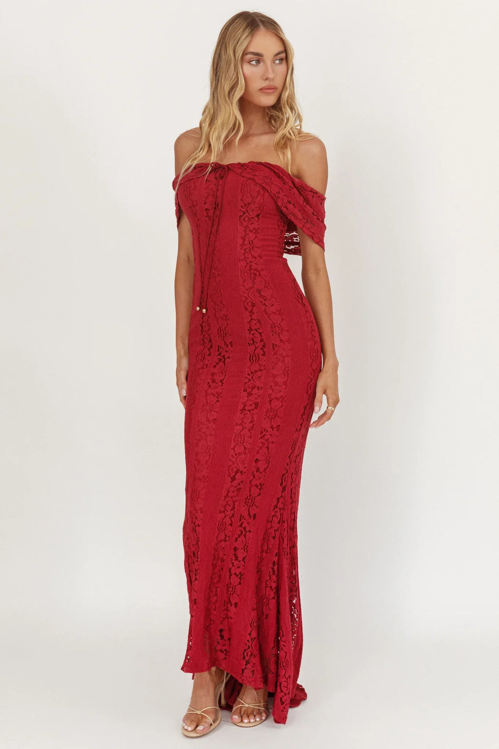 Enigma Off-Shoulder Maxi Dress Lace Wine