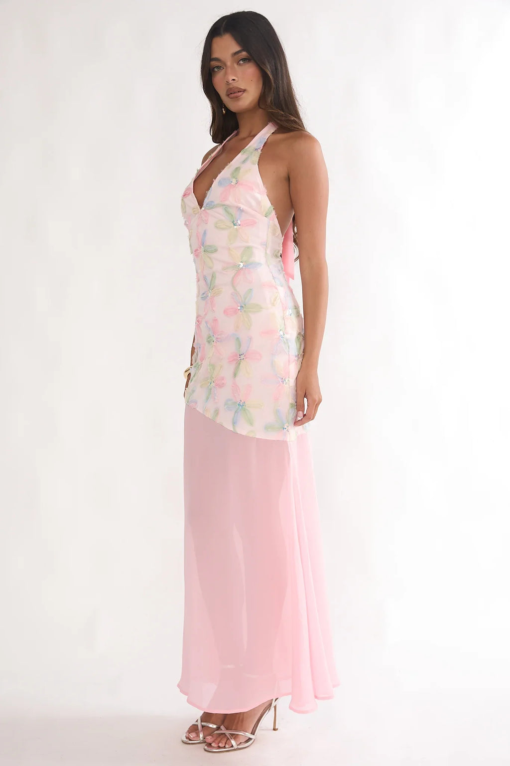 Arles Halterneck Sequin Embellished Maxi Dress Pink