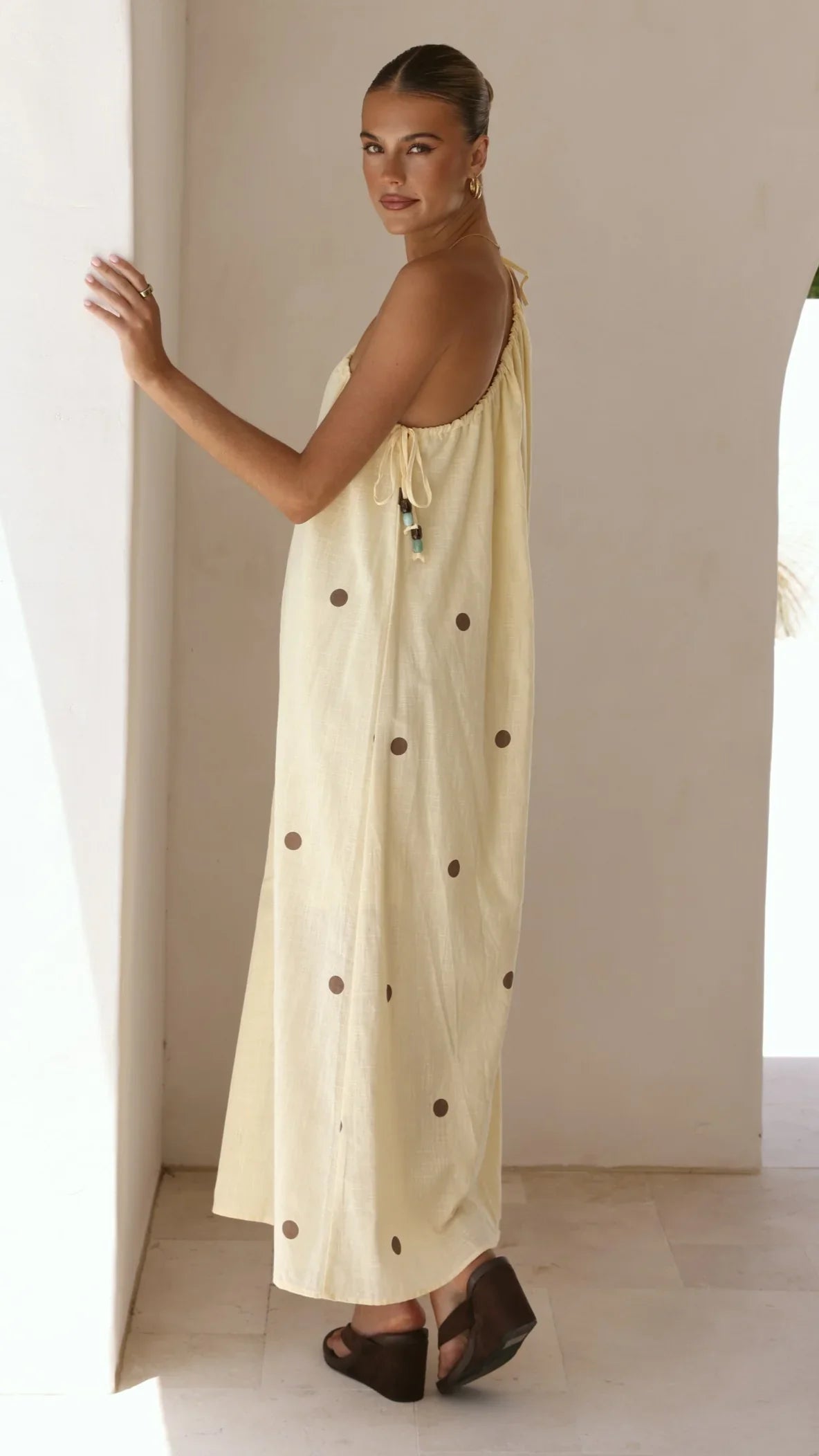 Nasira One Shoulder Maxi Dress - Yellow/Chocolate Polka
