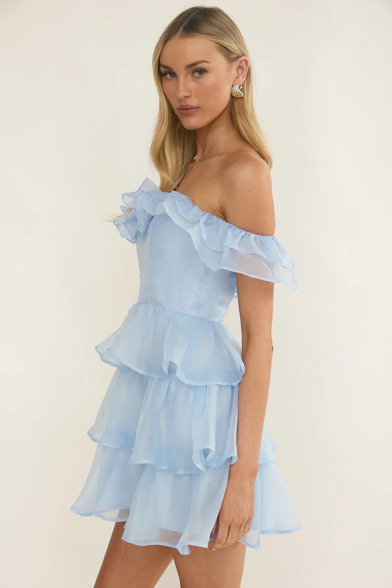 Rosira Off-Shoulder Ruffle Mini Dress Sky Blue