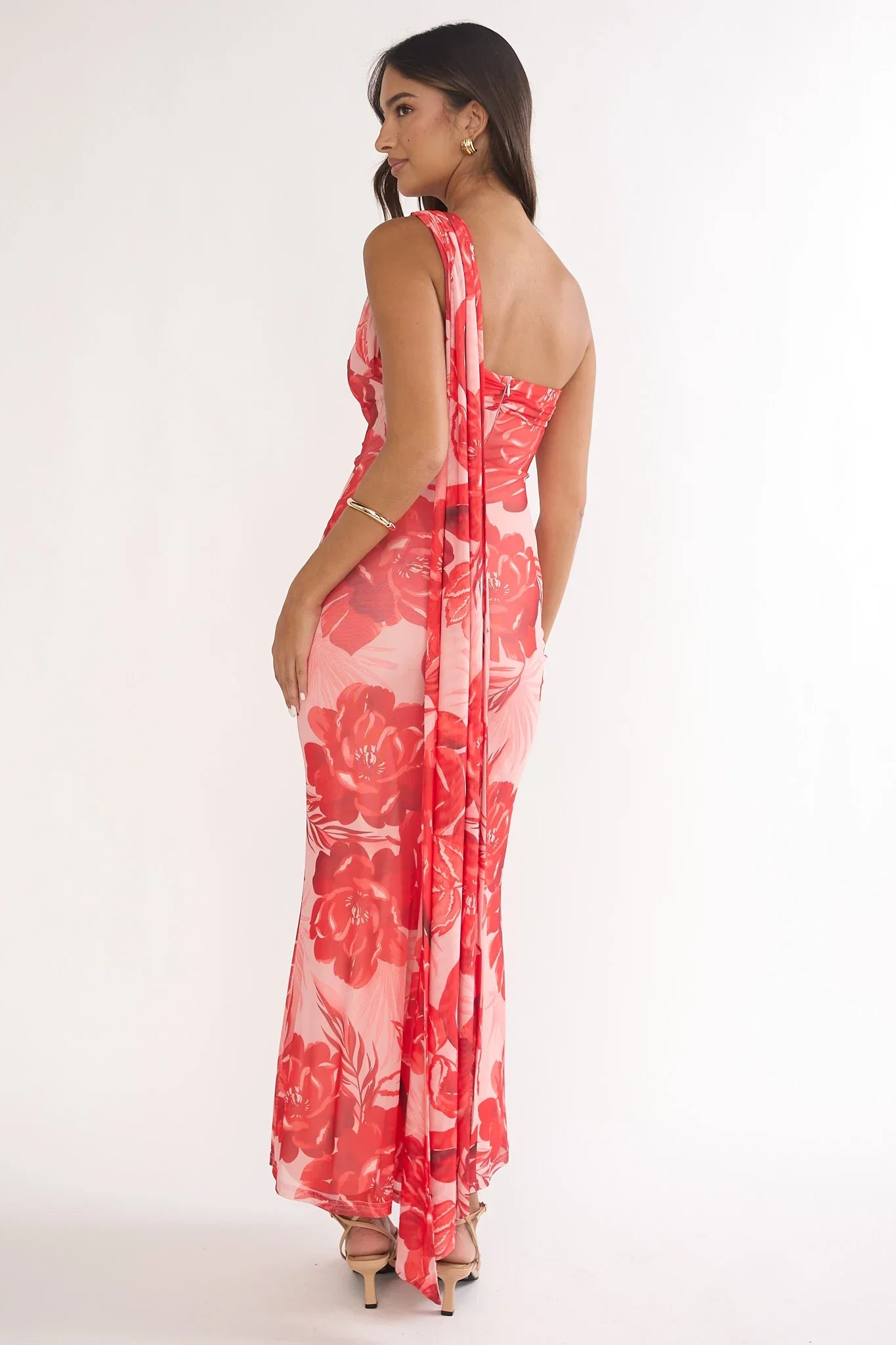 Ilyse Neck Scarf One-Shoulder Maxi Dress Floral Red