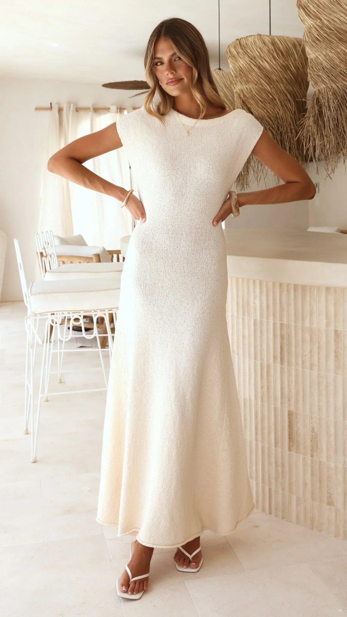 Tanaya Knit Off Shoulder Maxi Dress - Natural