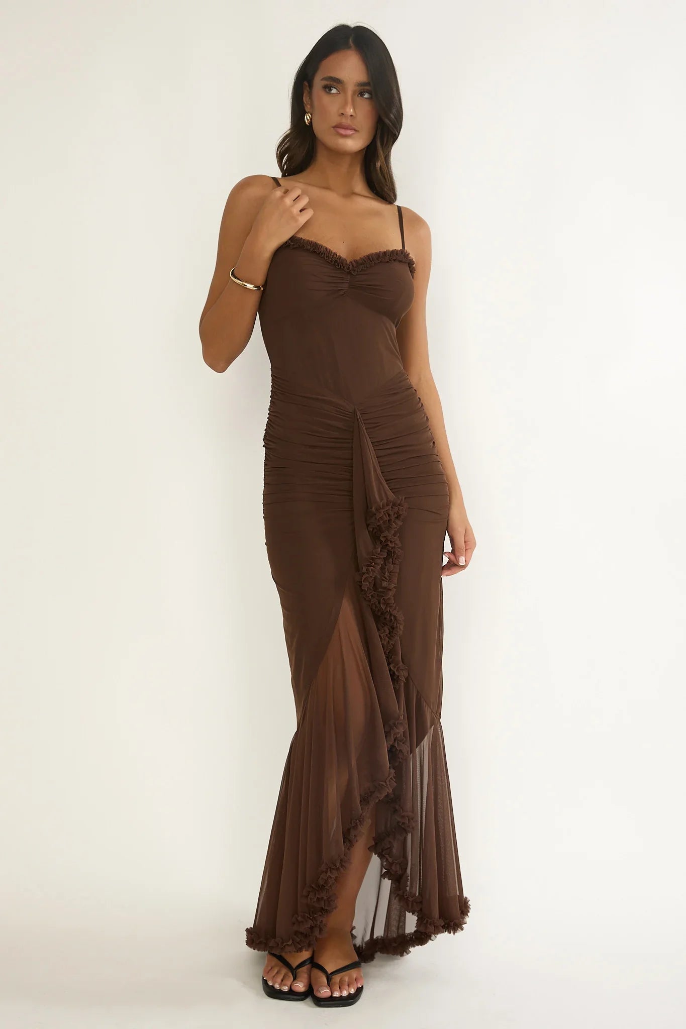 Noelia Gathered Waist Frill Trim Maxi Dress Chocolate