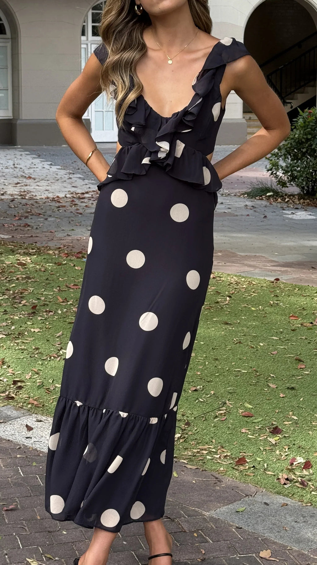 Taylee Midi Dress - Black/Cream Polka