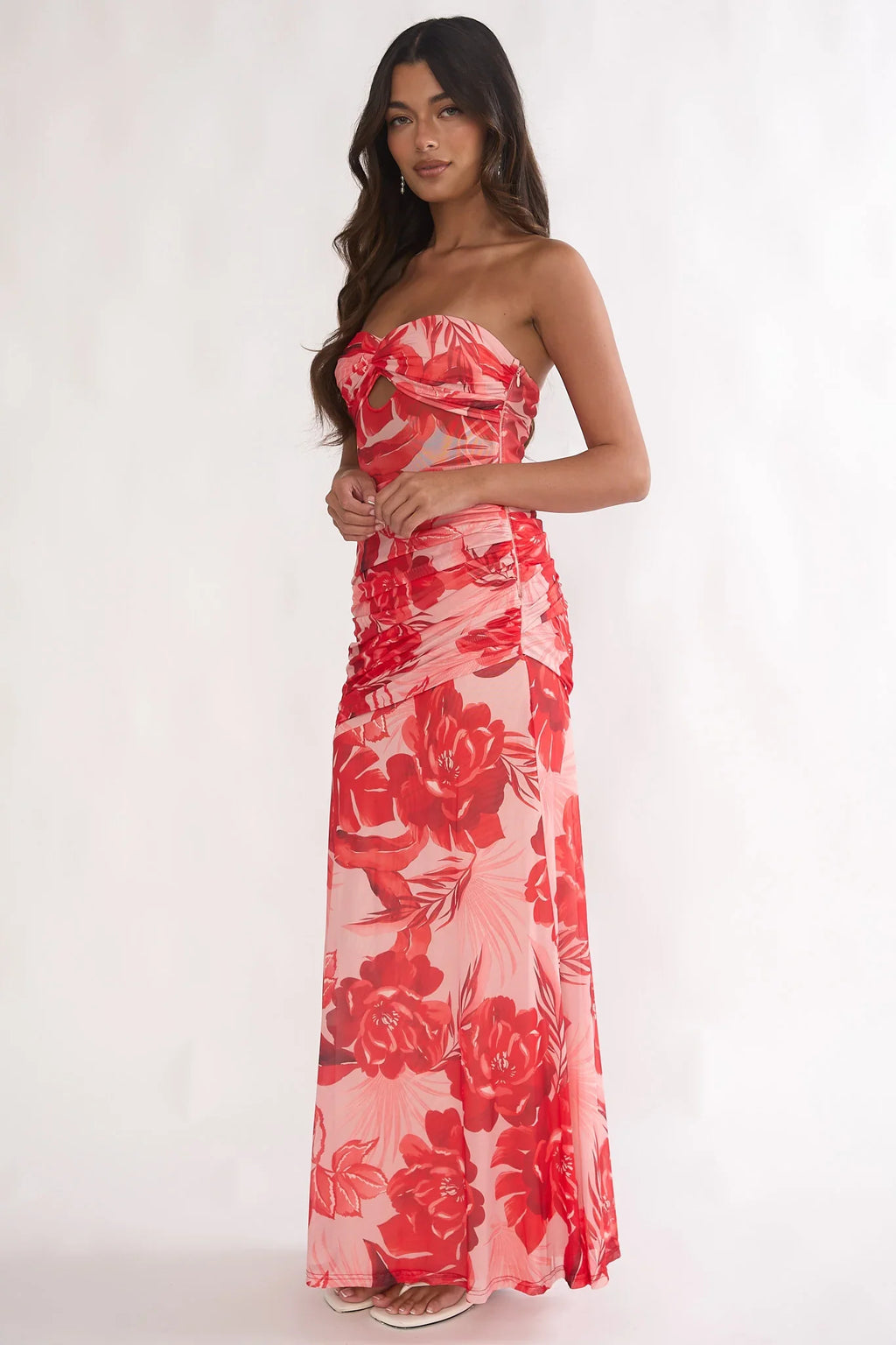 Kallira Strapless Ruched Maxi Dress Floral Red