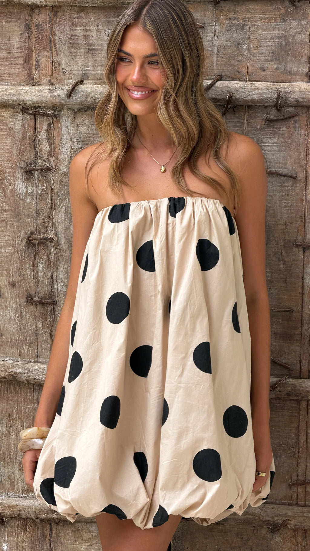 Everly Strapless Mini Dress - Oat/Black Polka