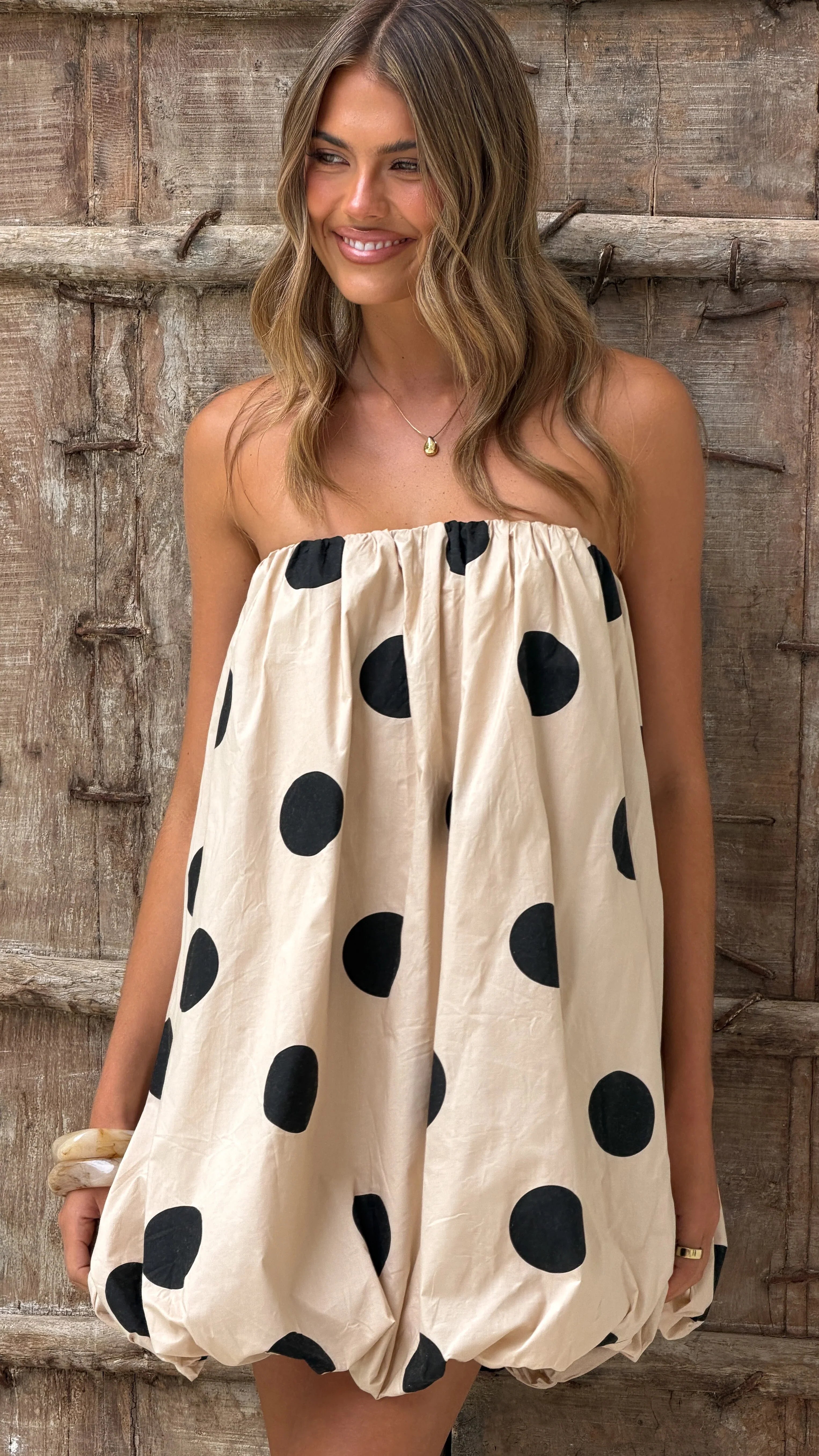 Everly Strapless Mini Dress - Oat/Black Polka