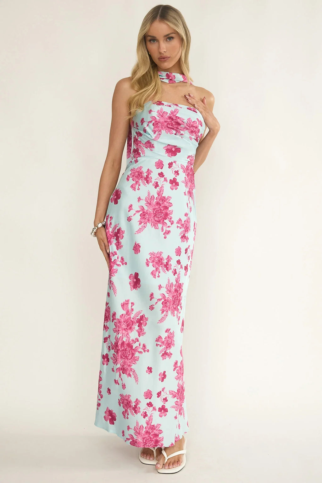 City Of Stars Strapless Scarf Maxi Dress Floral Ice Blue