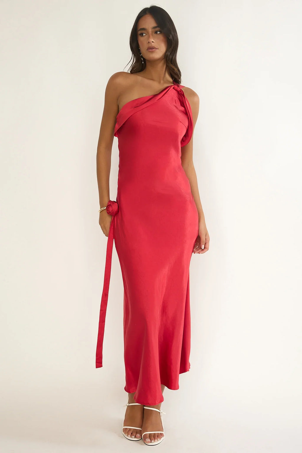 Star Fall One-Shoulder Rosette Maxi Dress Red